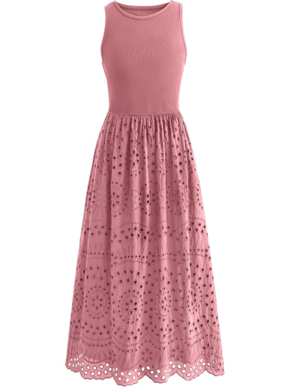 Women's Dusty Pink Sleeveless Crew Neck Lace Imported A-line Cotton Maxi Dress
